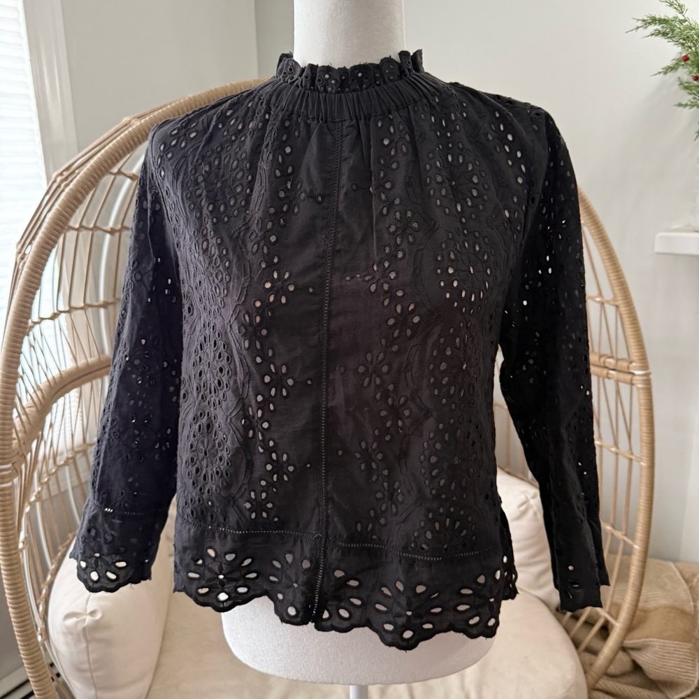 Jennifer & Grace Romantic Black Eyelet Cotton Blouse XS Ruffle‎ Neck Whimigoth